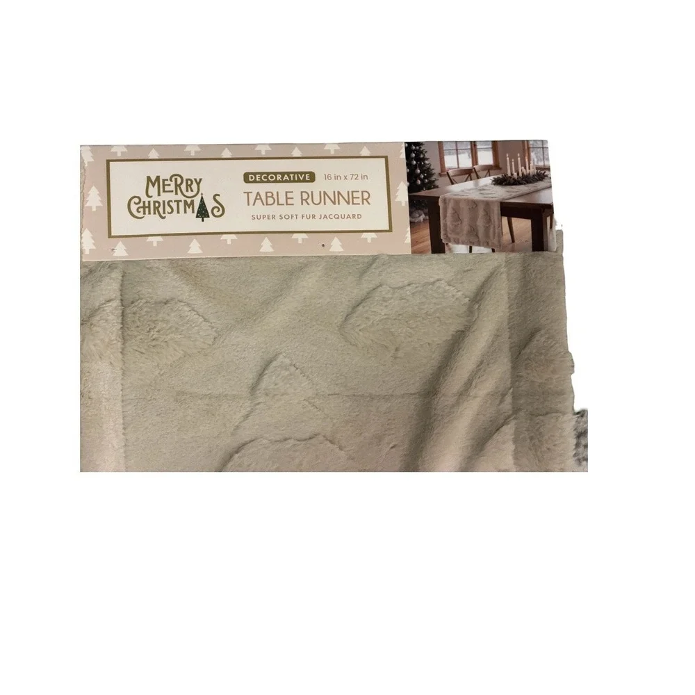 Merry Christmas Tan Faux Fur Jacquard Table Runner 16x72 Holiday Tree Embossed